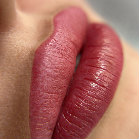 Macro photography close up of full lips with a fresh dusty rose lip blush permanent makeup tattoo treatment. Professional cosmetic tattooing portfolio asset by Nello Johnson Photography Katrineholm Sweden, luxury aesthetic clinic marketing image.