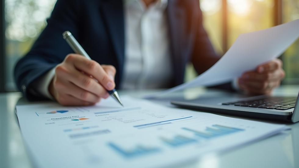 Close-up view of a property manager reviewing documents in an office