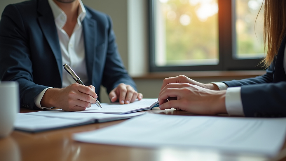 Close-up view of a property manager discussing lease documents with a property owner