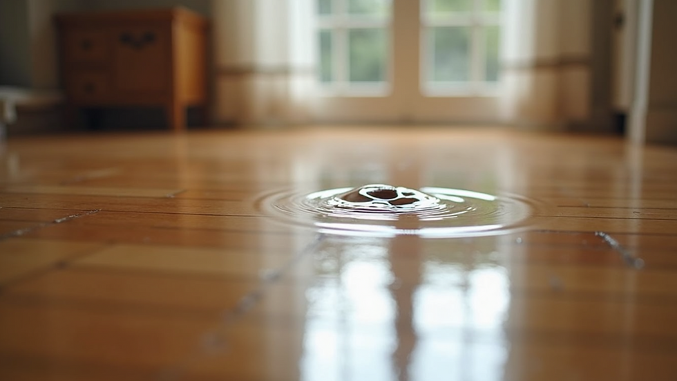 Close-up view of water pooling on a hardwood floor