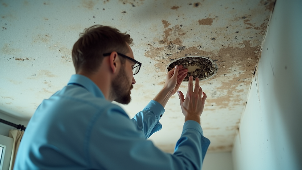Eye-level view of a technician inspecting mold damage on a ceiling