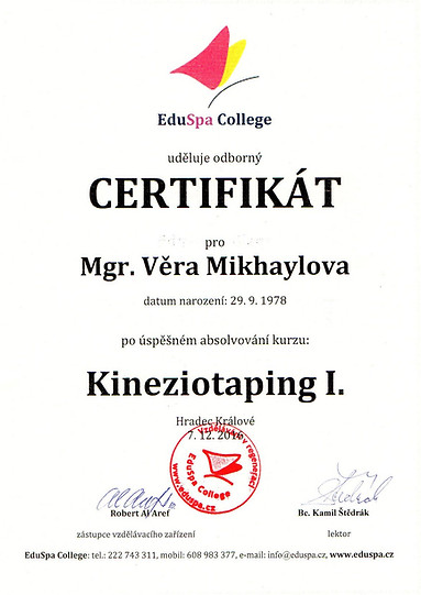 Certifikát po absolvování kurzu Kineziotaping 1