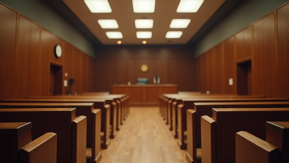 Eye-level view of a courtroom with empty benches