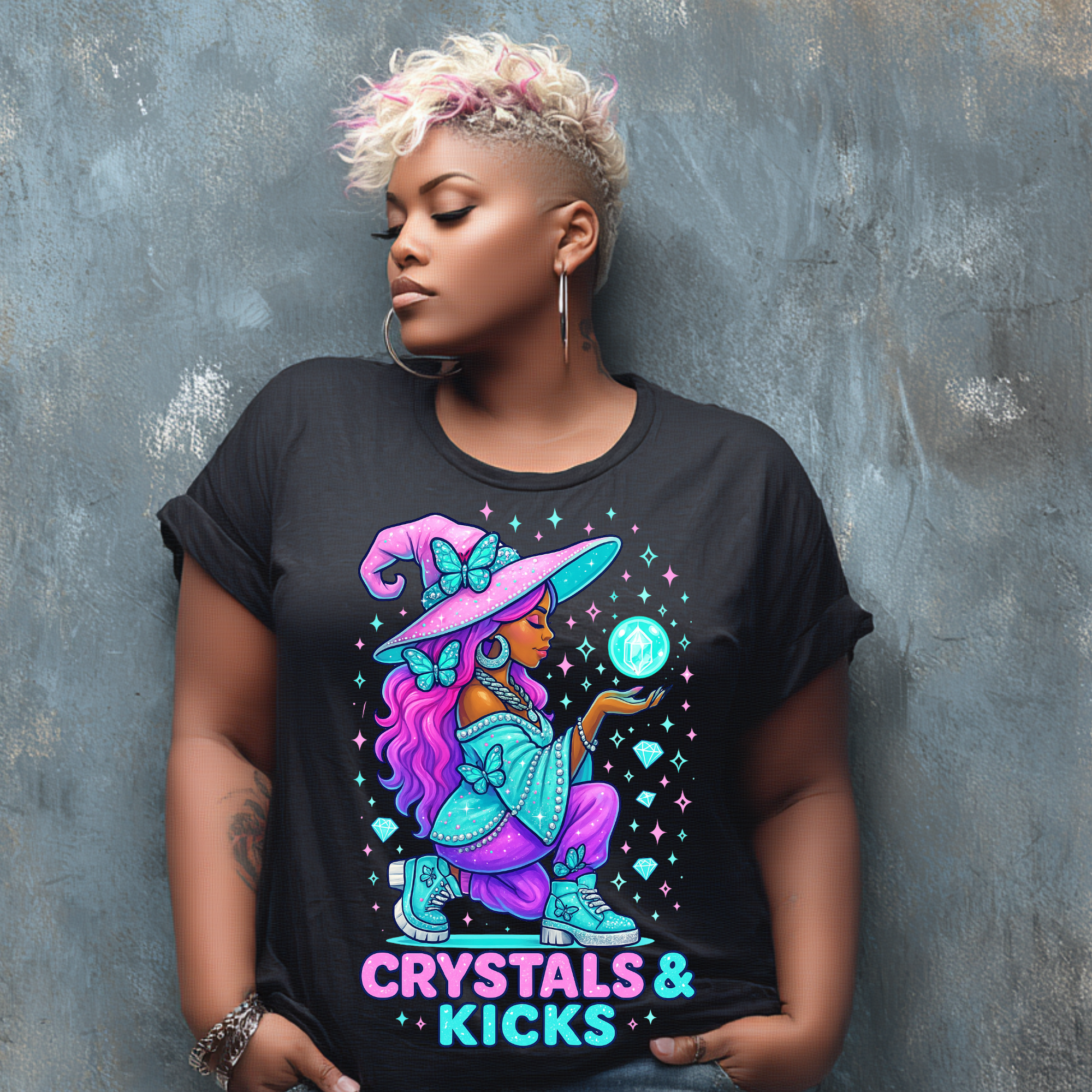 Crystals &amp; Kicks Witch PNG | Afro Magic Girl Digital Art | Glitter S