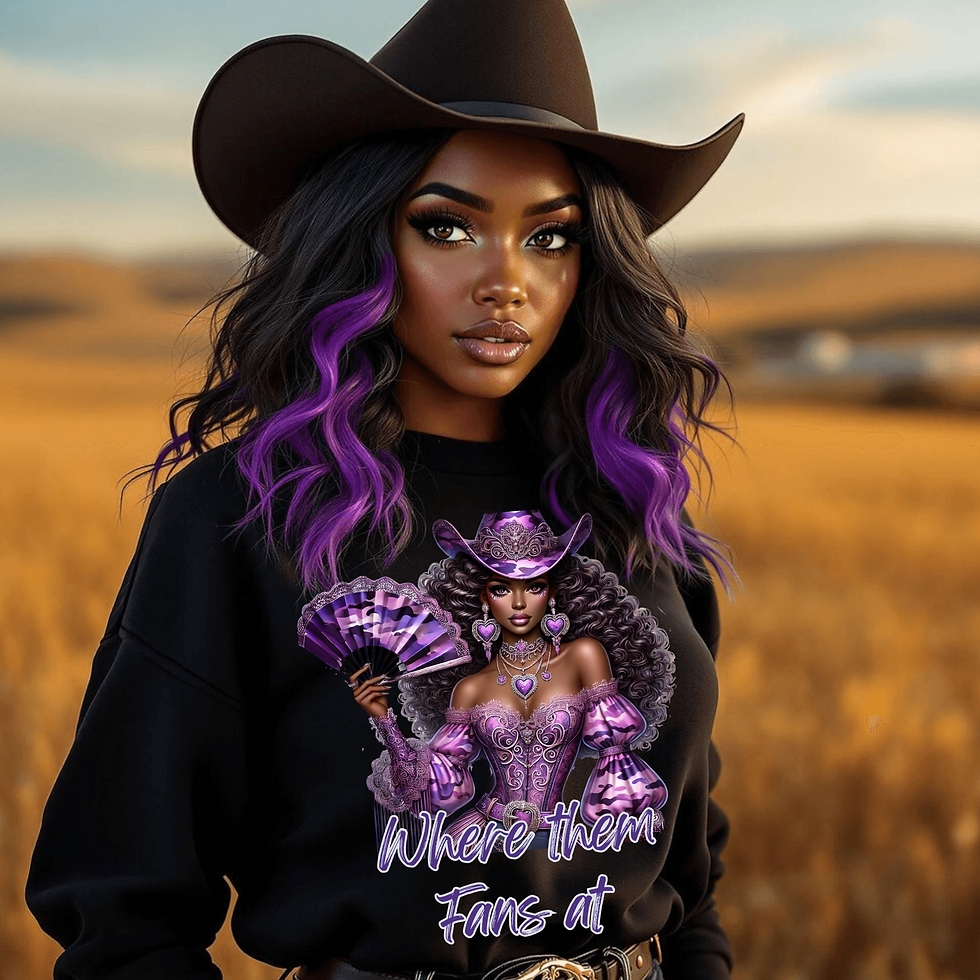 Purple Camo Cowgirl DTF Transfer - Trendy 'Where Them Fans At' Design for Cotton