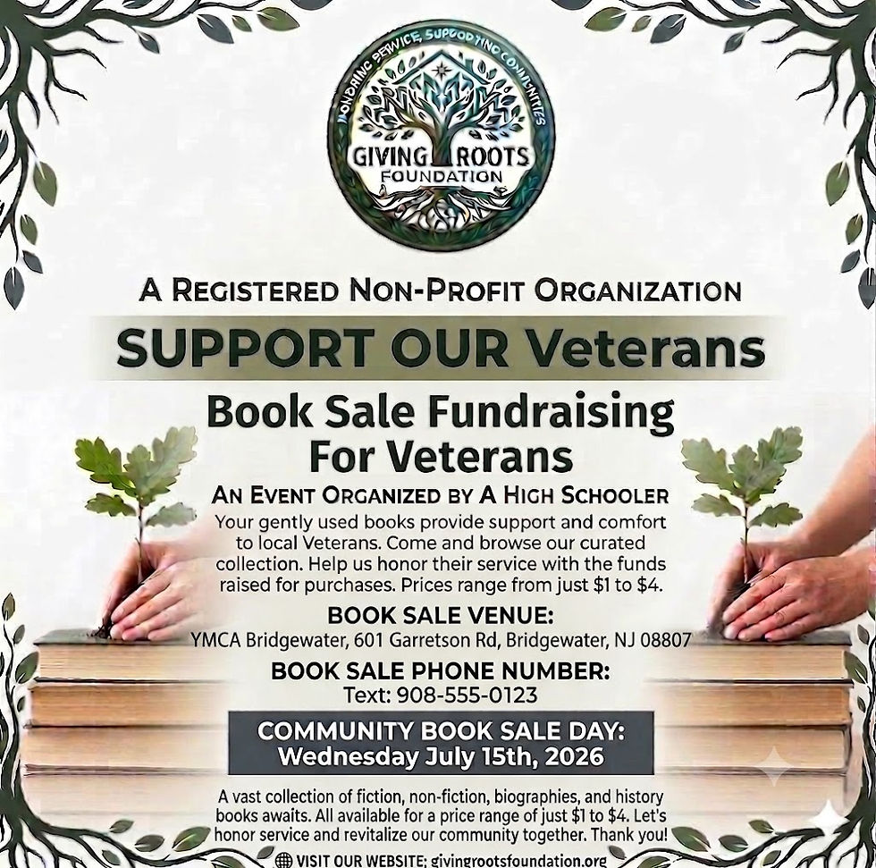 Book sale fundraising flyer for veterans by Giving Roots Foundation, portrait layout with text and logo, green and beige colors
