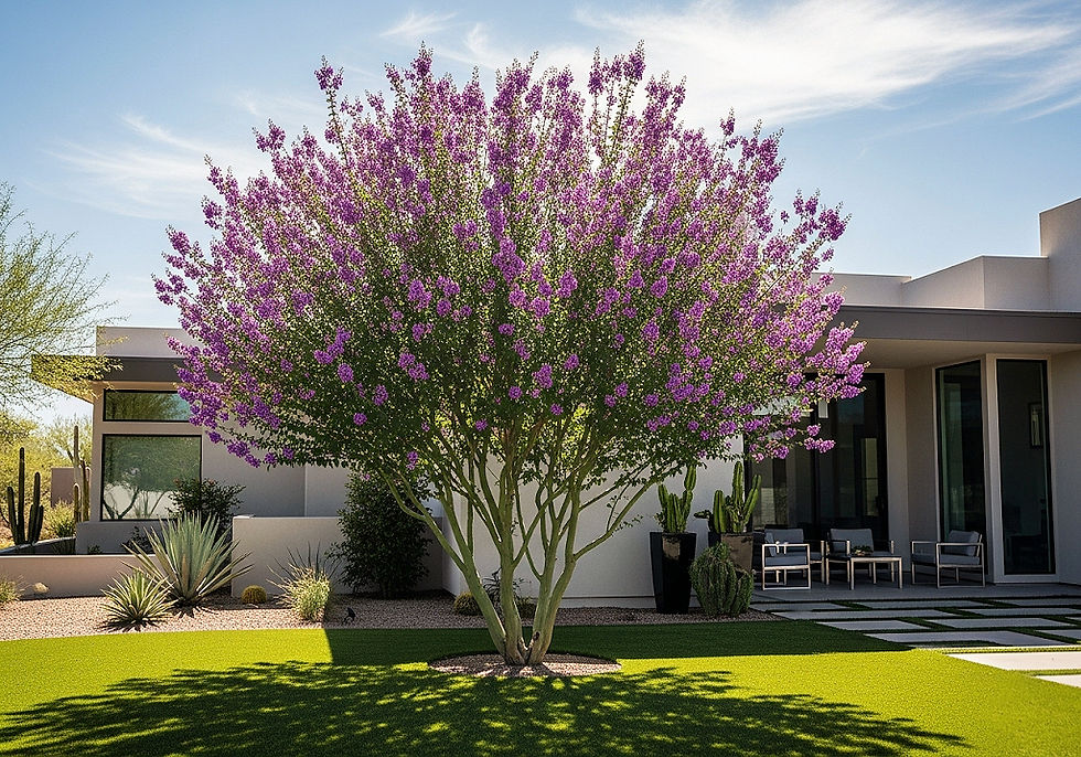Ai representation of a mature Texas Mountain Laurel bush trimmed into a tree. These are the perfect choices to provide beauty, aroma and shade solutions for the hot Arizona climate.