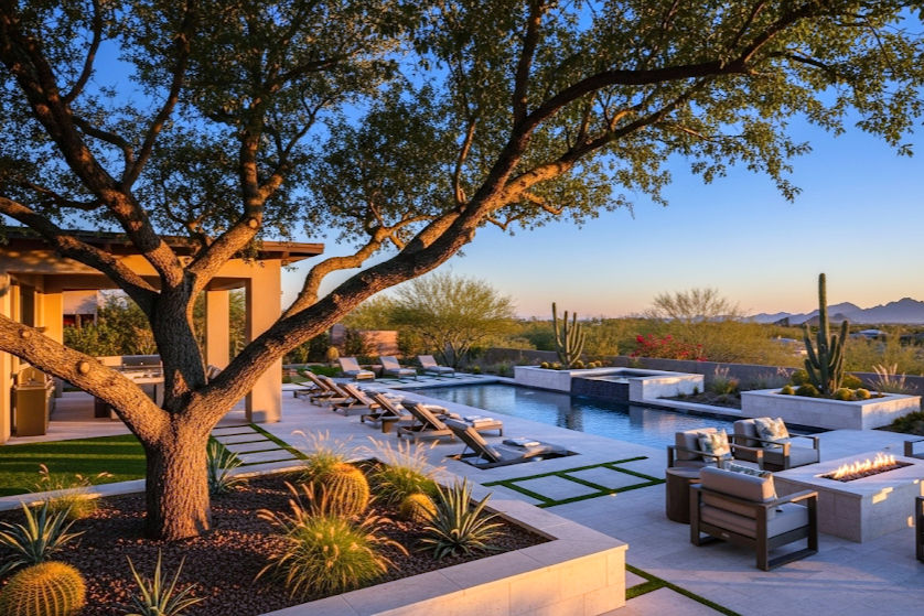 Ai depiction of a Southern Live Oak which offers plenty of afternoon shade for a desert backyard.