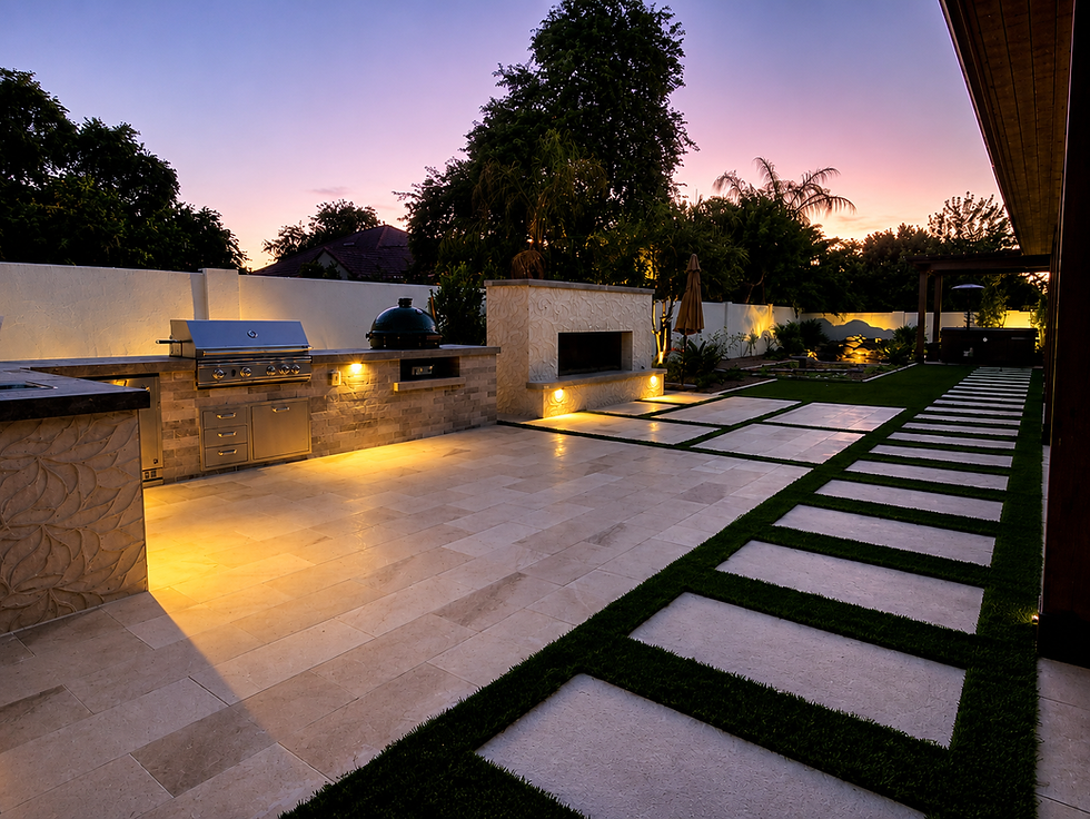 Gilbert backyard outdoor kitchen and fireplace with travertine decking and Big green egg built-in
