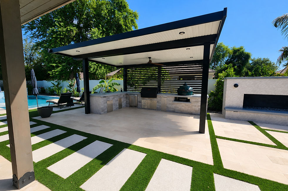 Custom outdoor kitchen with Green Egg, bbq, aluminum pergola, artificial turf and paver patio and walkways in a Gilbert home