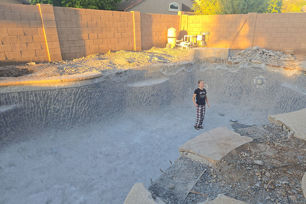 Demolition underway as old hardscape and dead landscaping are removed from the Gilbert pool renovation. With the rock waterslide and cave gone, the space looks significantly larger already.