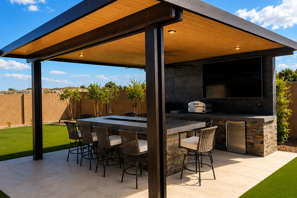 modern backyard ramada with tv wall, bbq and fire table