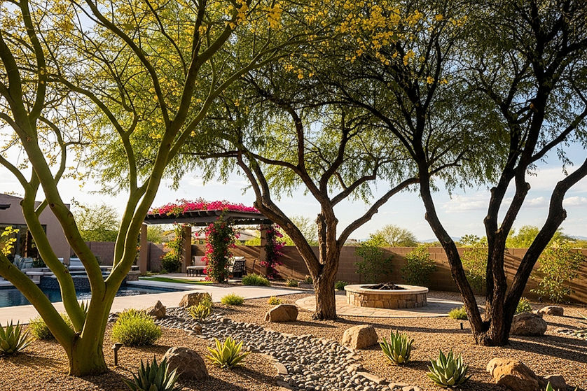 Ai depiction of a tranquil desert backyard showcasing a Palo Verde tree and two Chilean Mesquite trees surrounding a fire pit.