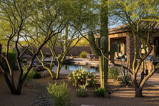 Ai depiction of a desert backyard featuring a Mesquite and two Palo Verde trees, tall Saguaro cactus, and desert plants surrounding a modern swimming pool.