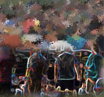 Artistic representation of concert-goers in colors of red, yellow, pink, blue and orange with what looks like long, skinny balloons outlining human shapes.