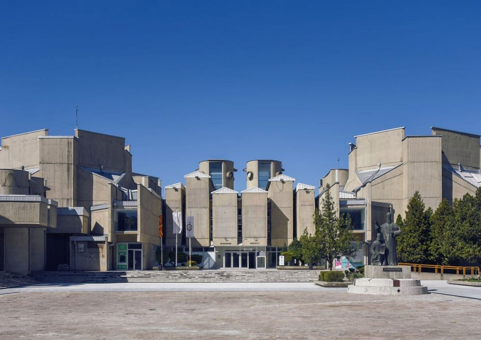 Ss. Cyril and Methodius University is an "academic city" concept consisting of interconnected concrete towers and squares.