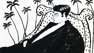 Black-and-white painting by Je M’appelle Macid showing a reclining figure on a patterned chair surrounded by palm trees.