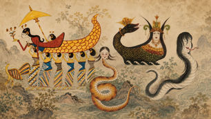 A collage on a background brings together four mythological serpent-woman figures from different traditions.