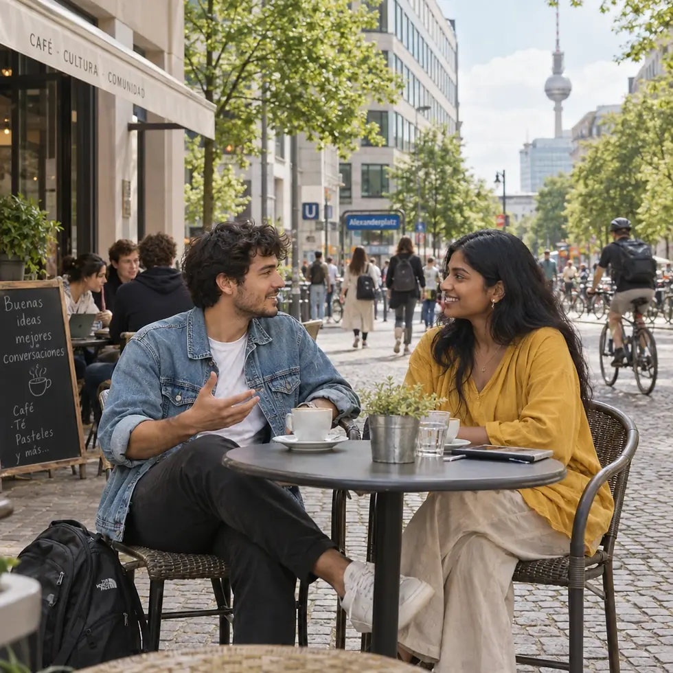 Lifestyle photography of a diverse couple having coffee at an outdoor café table on a cobblestone street. The setting feels light and casual, captured on a sunny day in downtown Berlin.