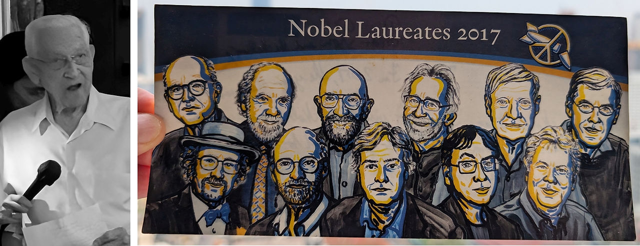The post card shows the Nobel Prize winners in 2017, the year that ICAN won the Nobel Peace Prize, founded by Ron McCoy
