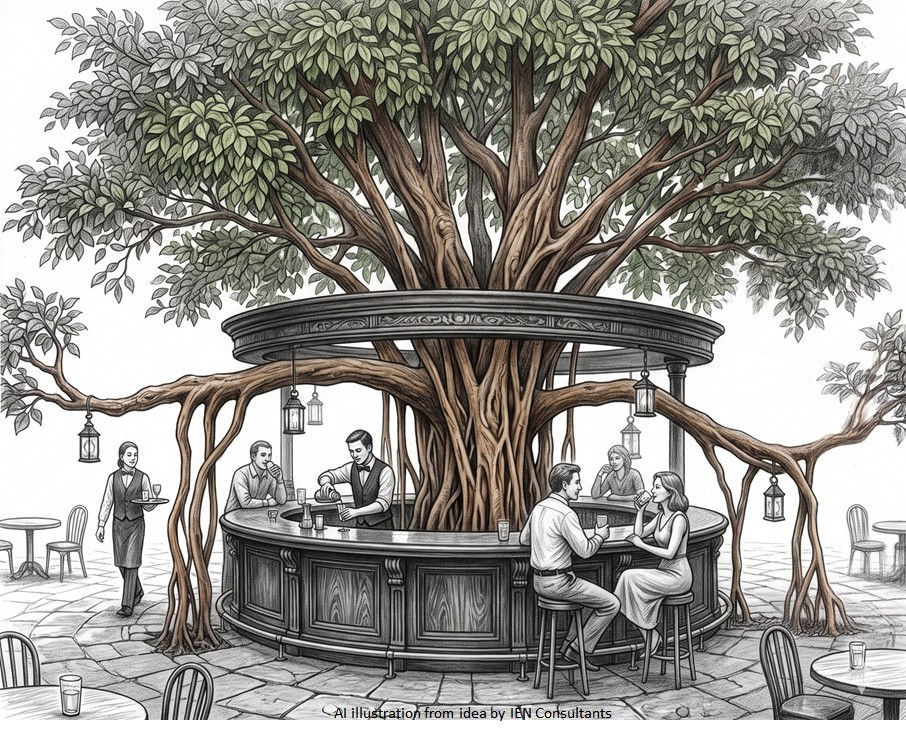 Banyan tree creating outdoor restaurant / bar
