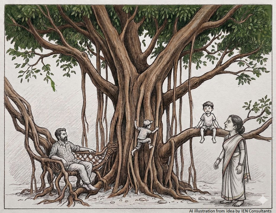 Banyan tree as kids' playground and shaded area to sit