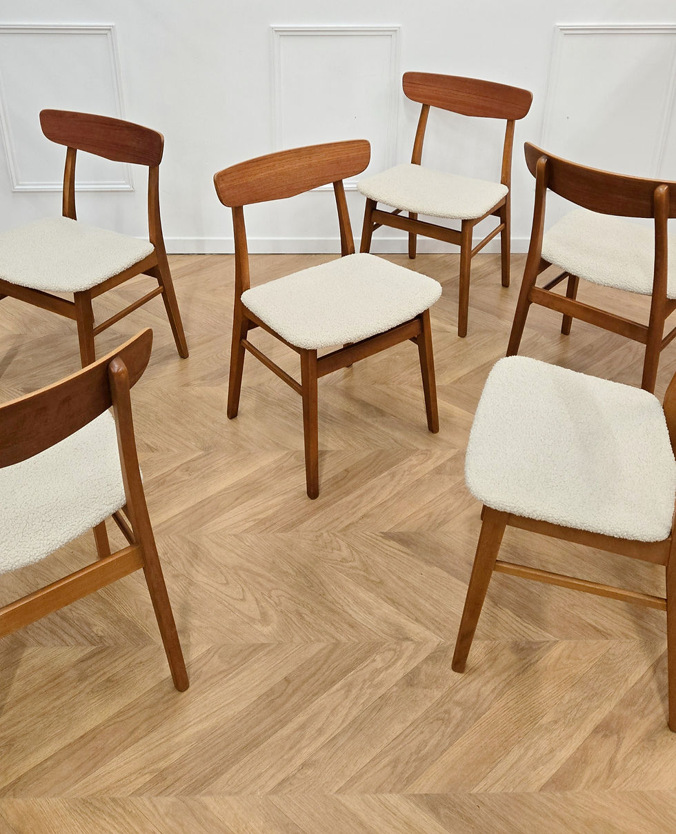 6 Chaises en teck avec assise blanche style scandinave