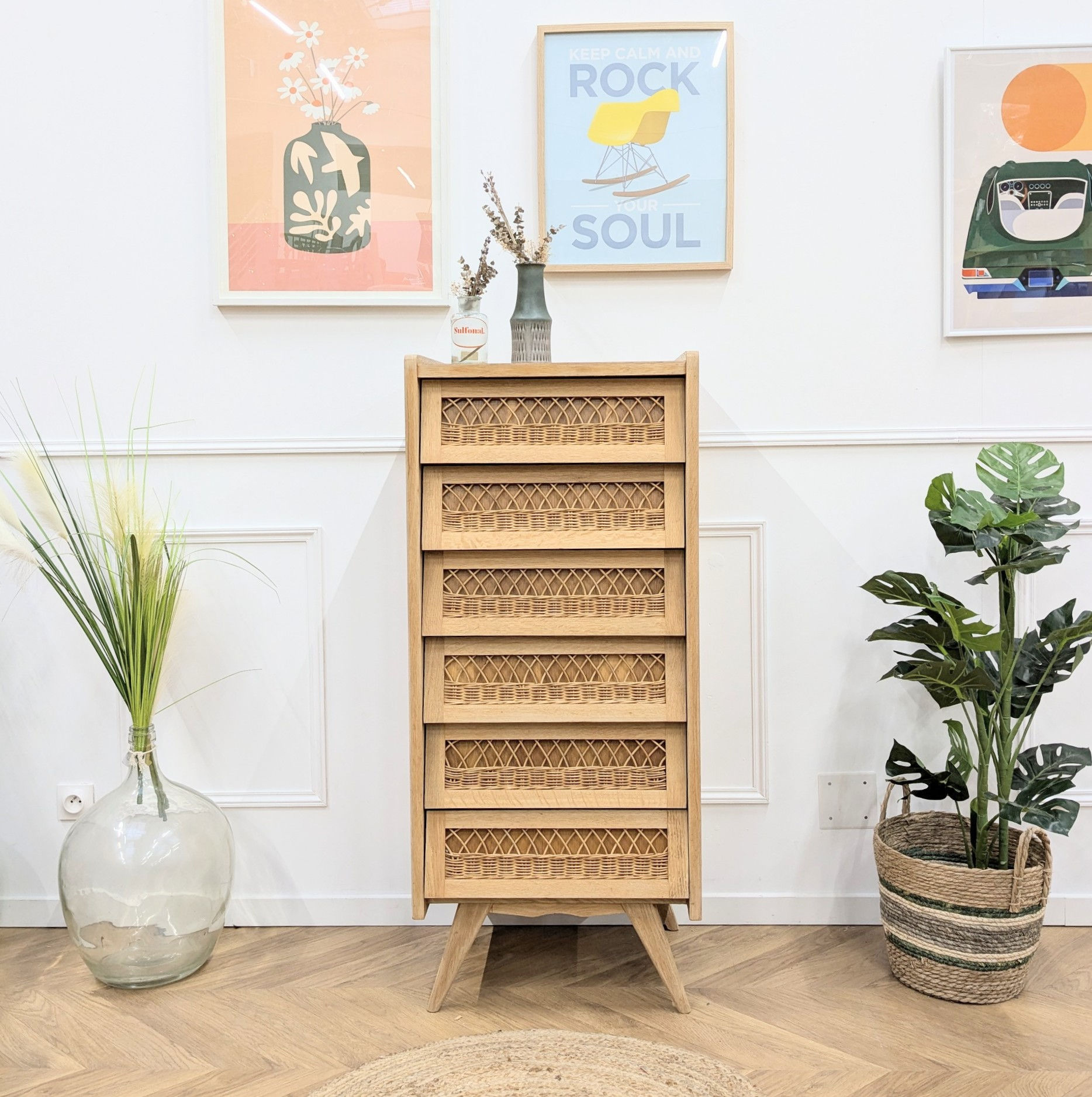 Vintage rattan chest of drawers