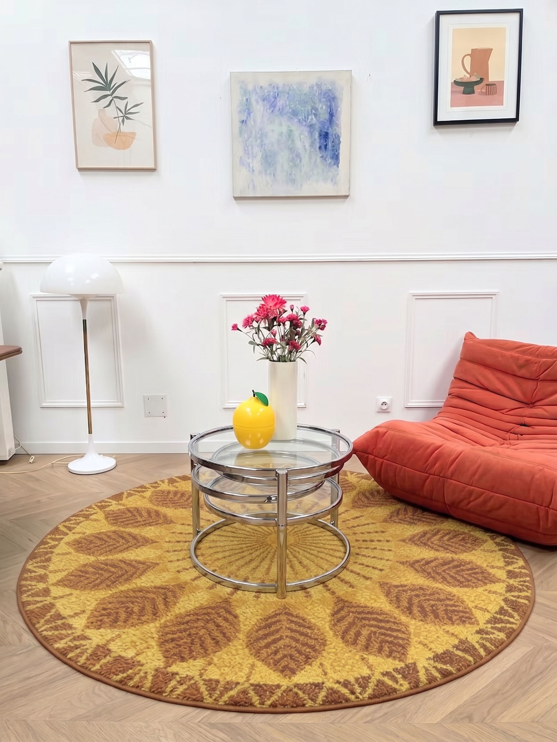 Tapis rond vintage des années 70 - Style Boho - Jaune et marron