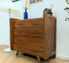 Commode vintage années 50, 4 tiroirs, pieds compas, cuivre, flancs galbés