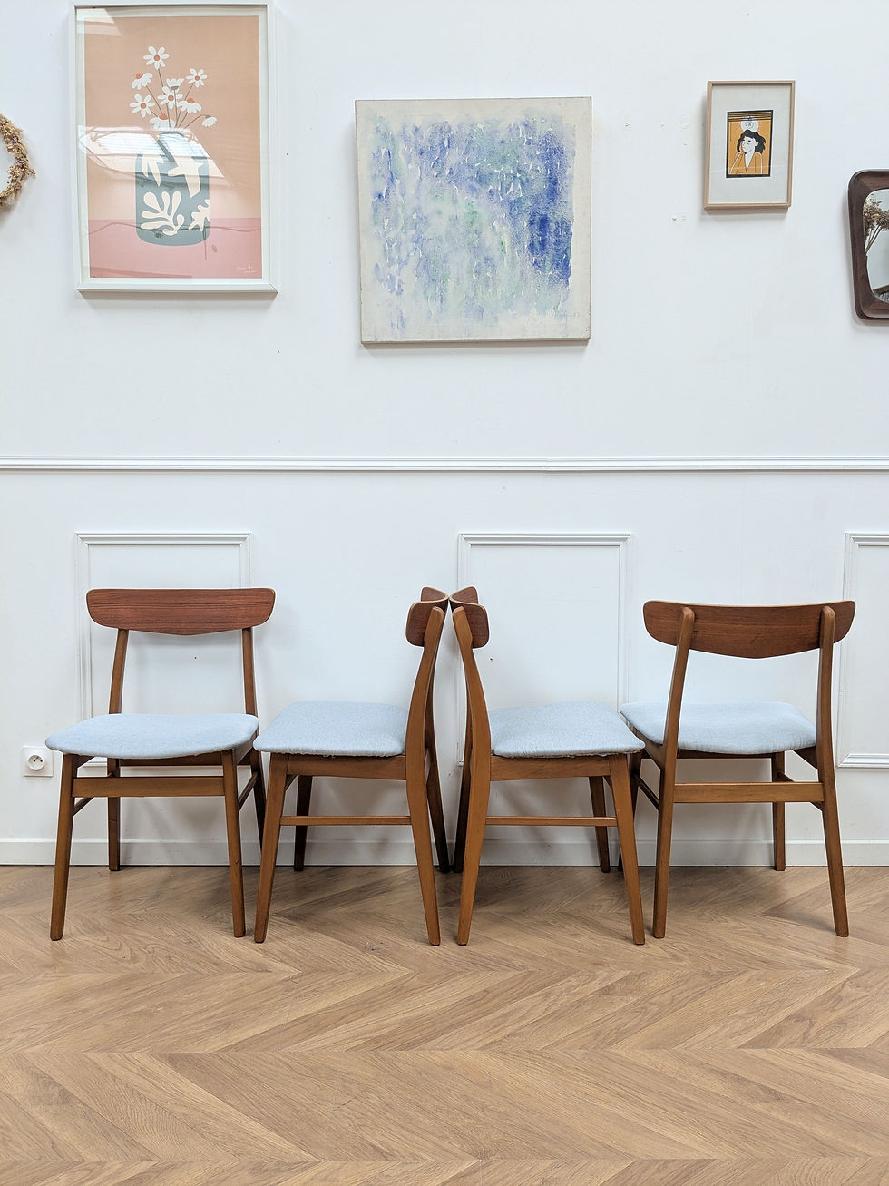 Miniature : 4 Chaises Scandinaves Teck & Bleu Années 60