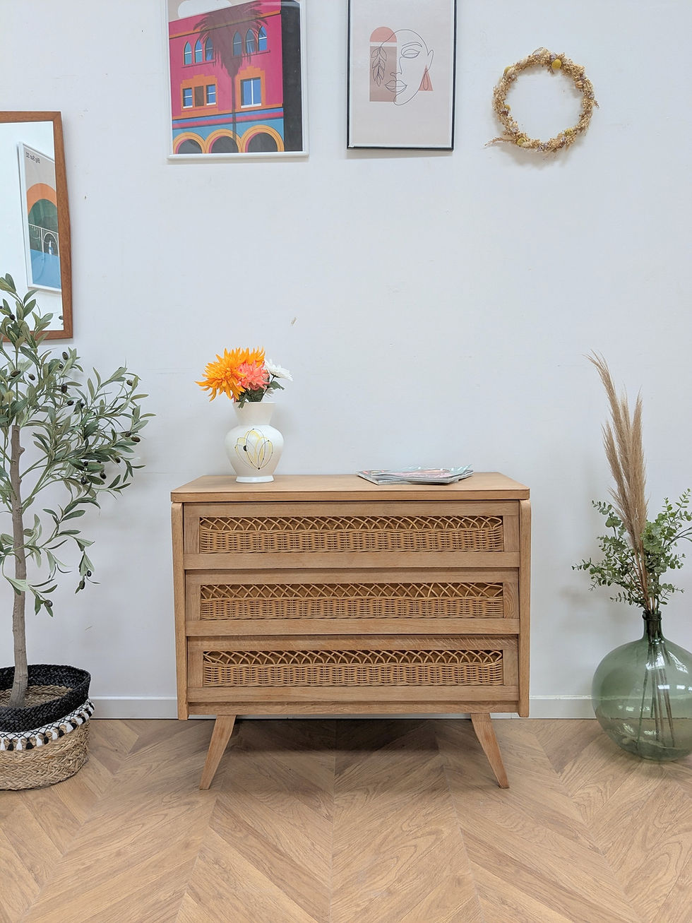 Commode Vintage Années 60 Chêne & Rotin