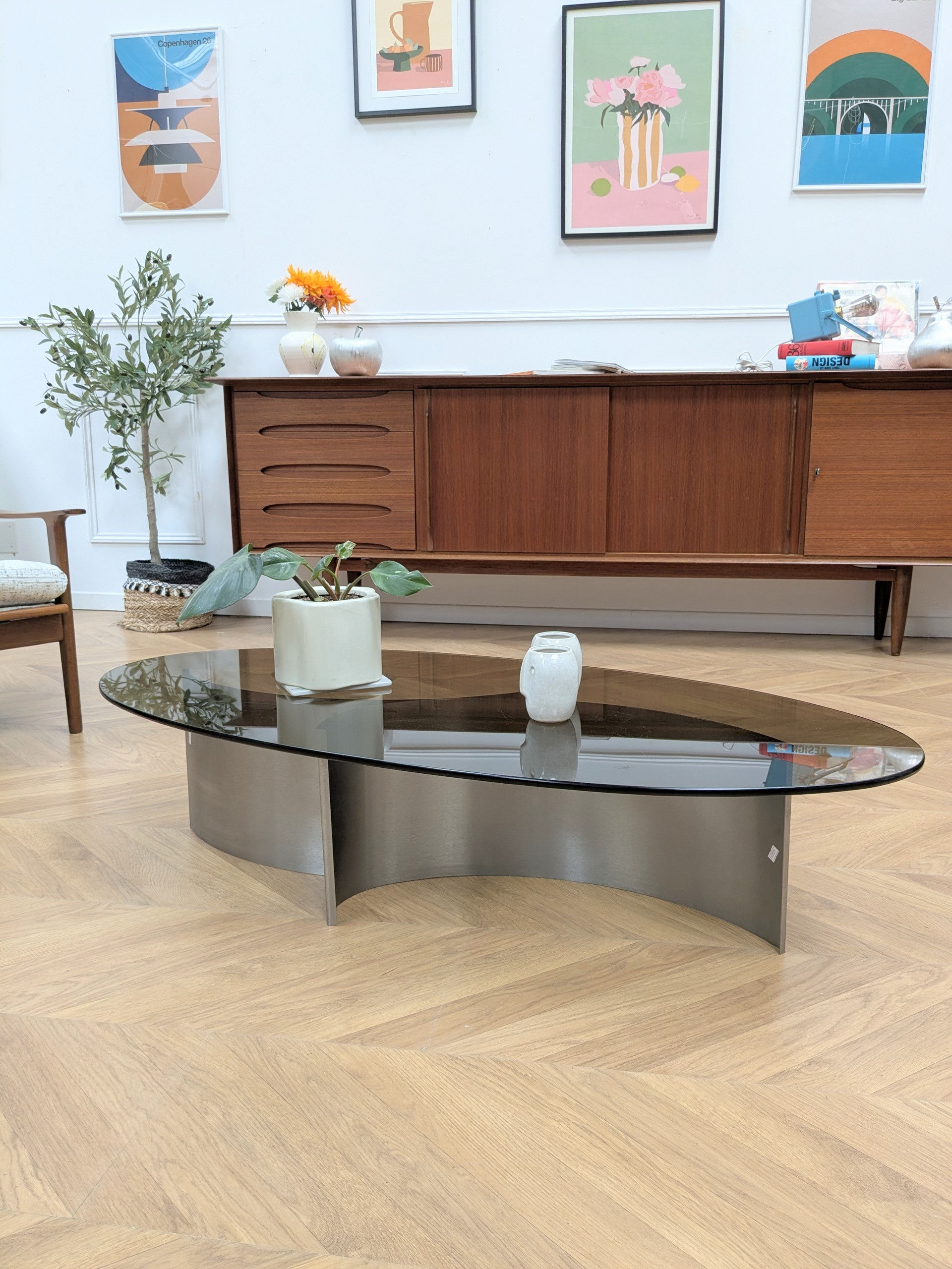 Table Basse Design 70's plateau en verre fumé