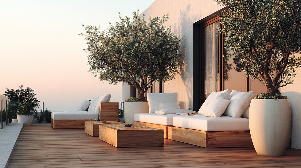 terrasse en bois avec canapé d'exterieur et olivier