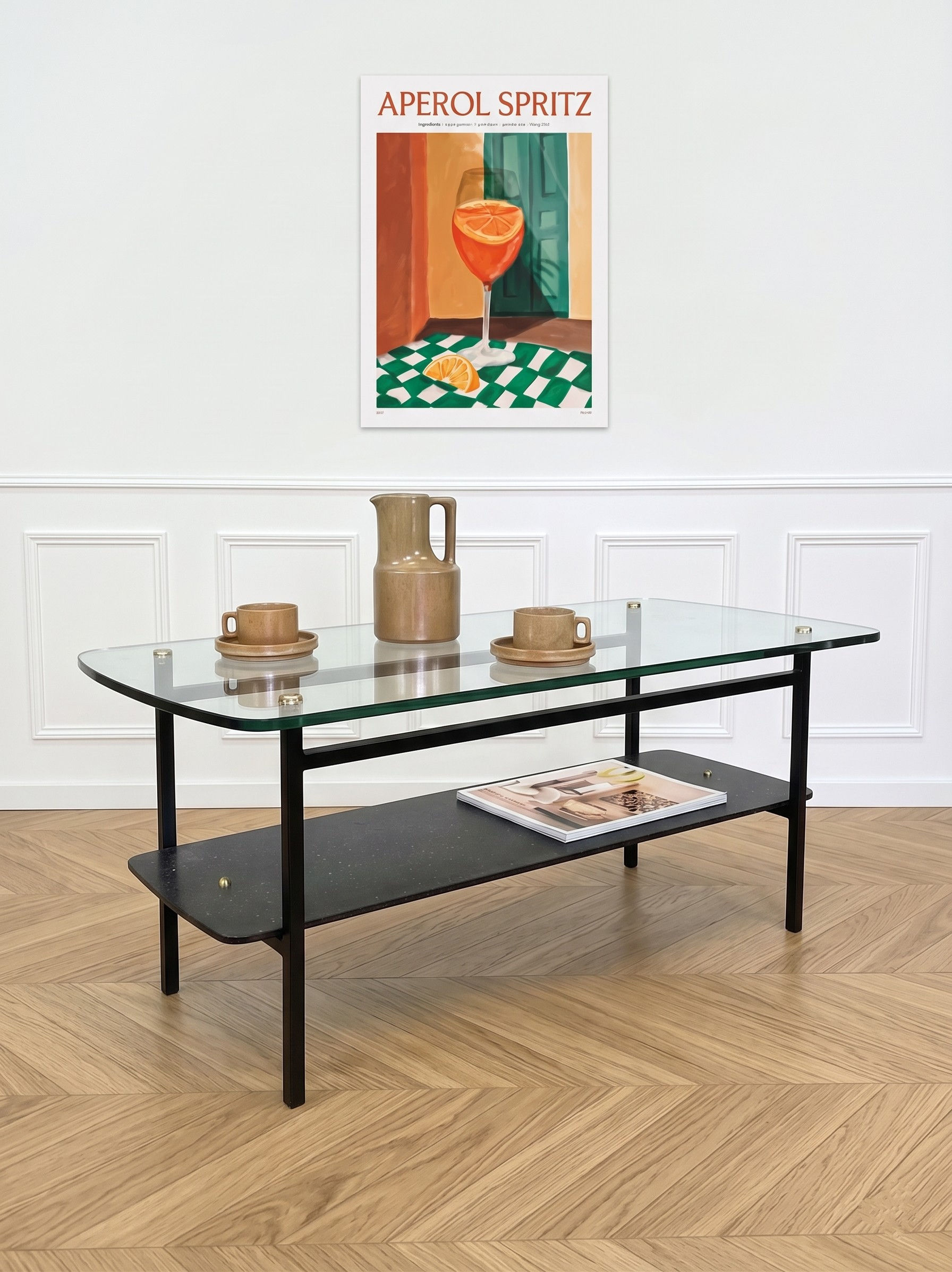 Table basse moderniste vintage, plateau en verre piétement en métal noir