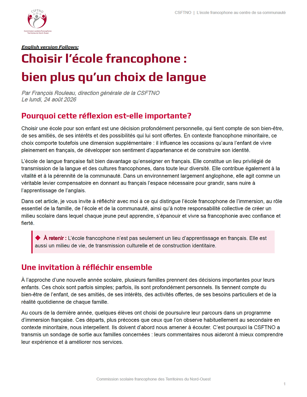 Choisir l'école francophone : bien plus qu'un choix de langue