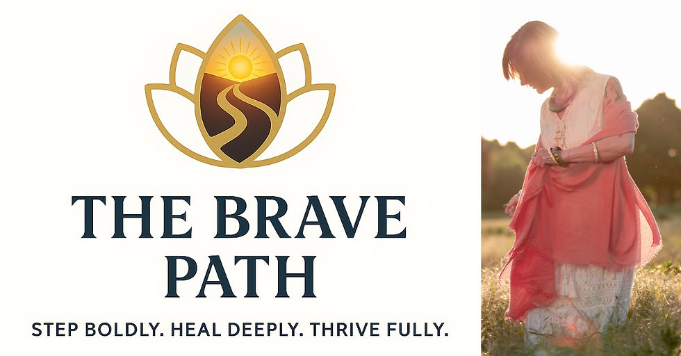 Logo with lotus and sun, text "The Brave Path. Step Boldly. Heal Deeply. Thrive Fully." Woman in field wearing pink shawl, serene mood.
