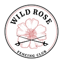Wild Rose Fencing Club Logo. It is circular with a rose in the center. Two swords cross in front of it.