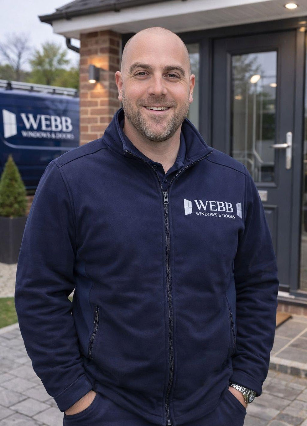 Colin Webb in a blue uniform outside van with Webb logo in Kilmarnock