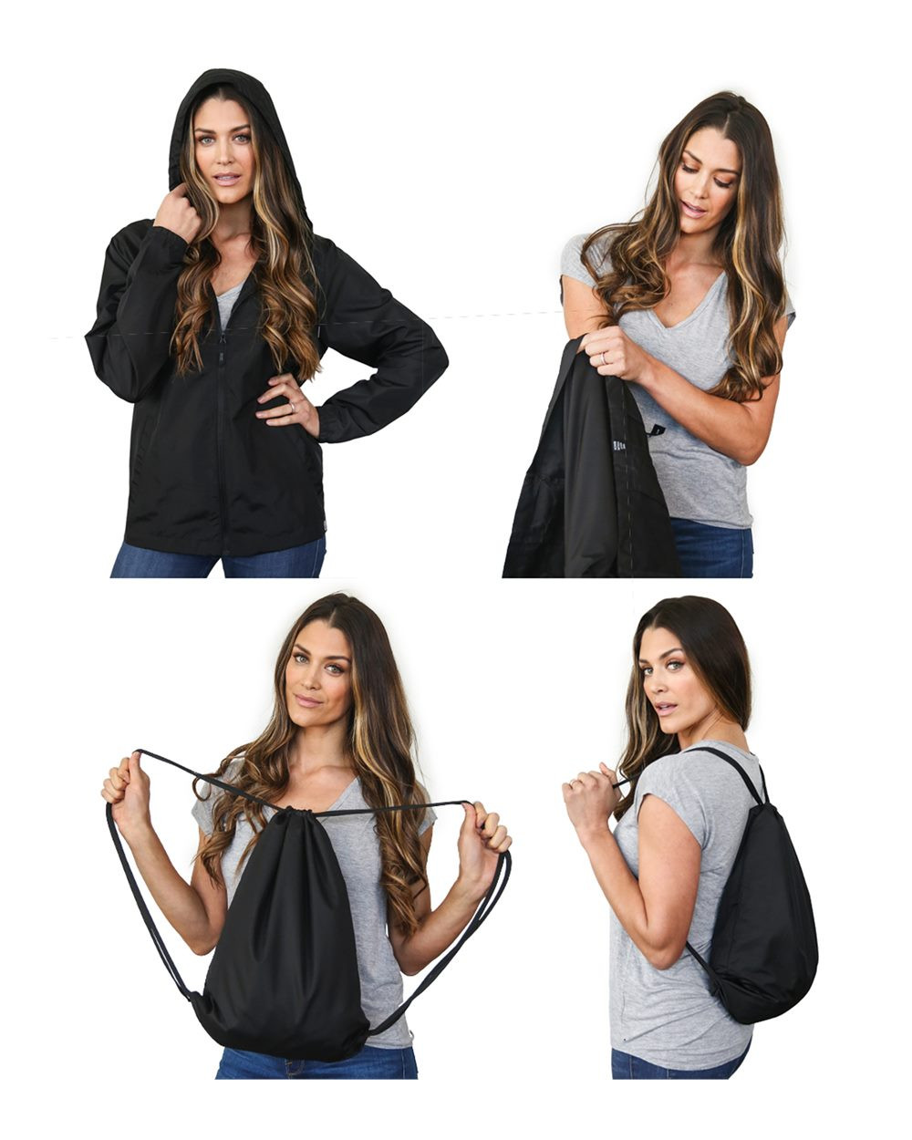 demonstration over 4 images of woman turning hoodie into a drawstring bag
