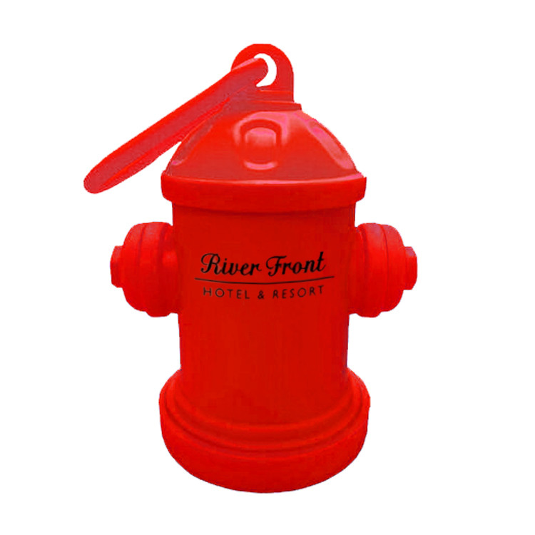 red fire hydrant shaped dog waste bag dispenser with logo on front