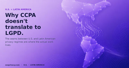 Abstract map of North and South America connected by glowing data flow lines that bend at the boundary, representing cross-border privacy regimes