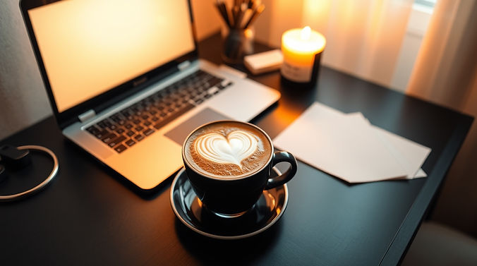 High-angle, fine art photograph black desk, black laptop, warm lighting. Latte with foam h