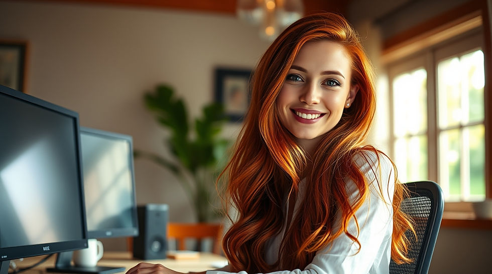 Professional photograph of a woman with long flowing red hair, refined features, and a gen