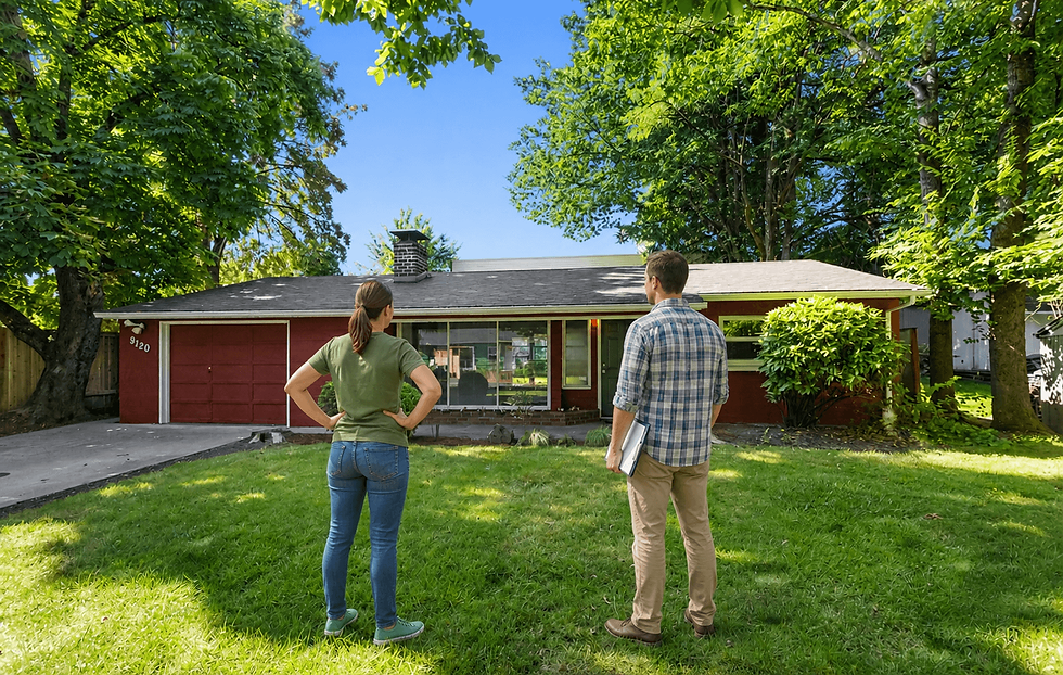 Man and woman standing in front of a mid-century house in need osfa renovation