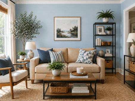 Serene, organized living room, where everything has a place