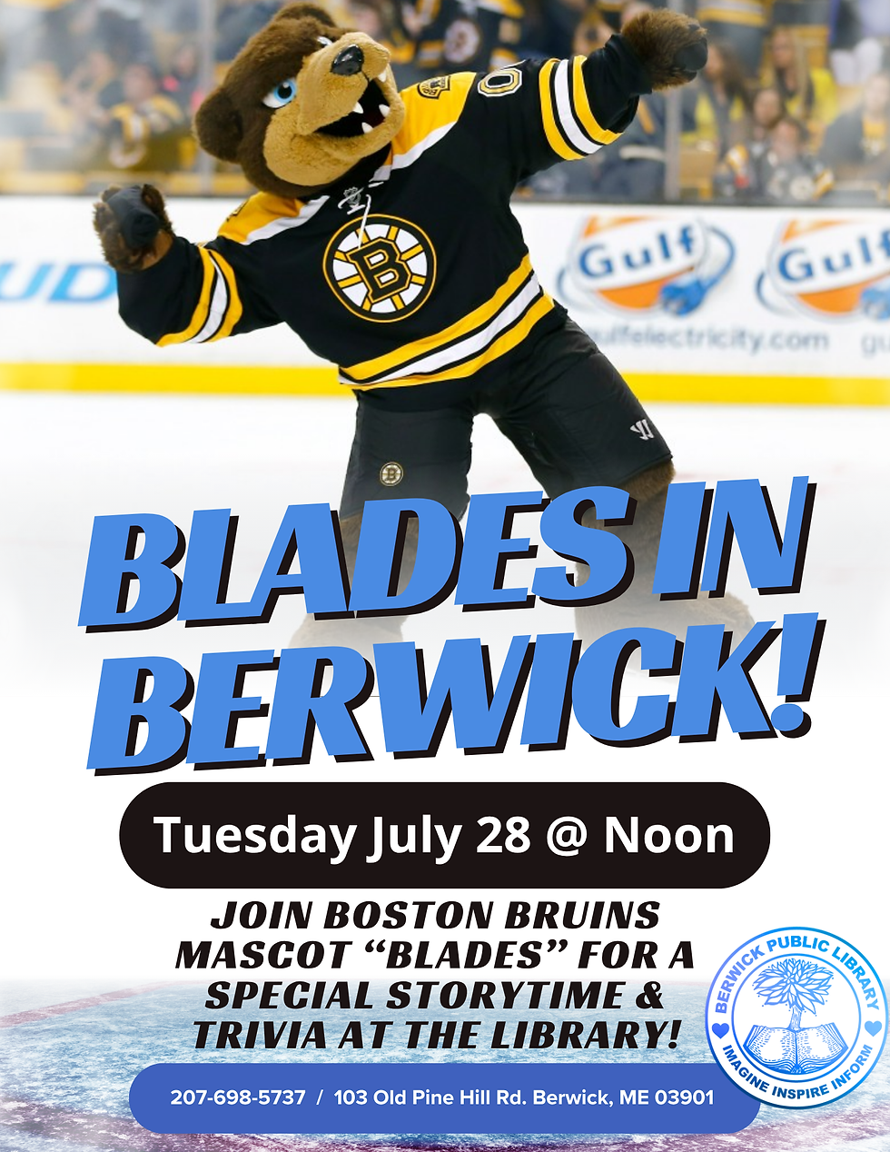 Boston Bruins mascot Blades will be visiting the library on July 28th at noon