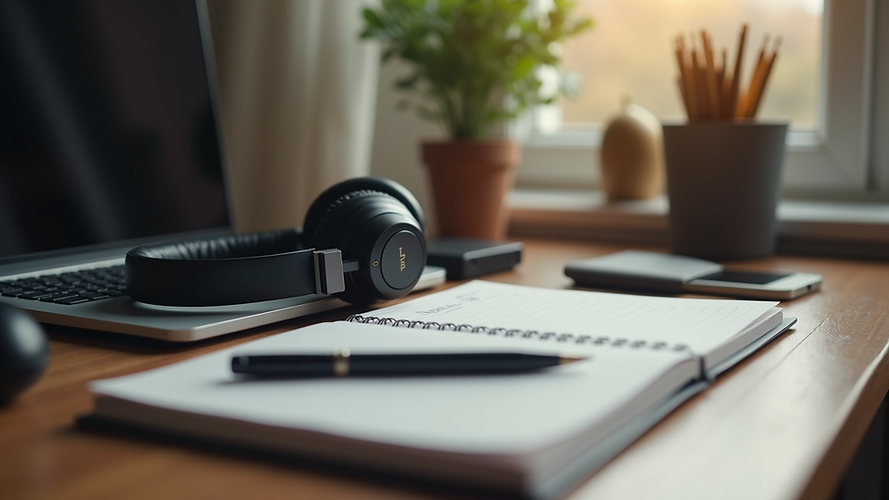 Close-up of a cozy home workspace with a notebook and headphones