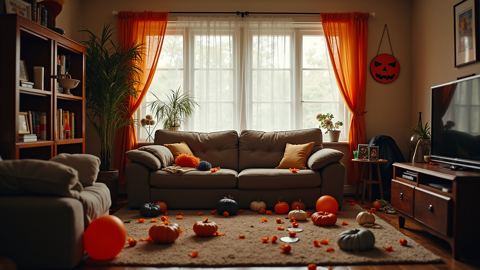Eye-level view of a messy living room filled with Halloween decorations