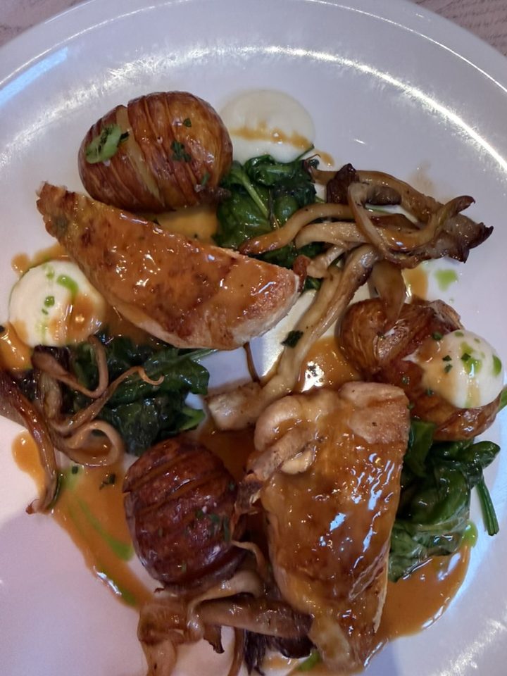 Roast chicken with hasselback potatoes, wild mushrooms and spinach in a glossy sauce, seen from above
